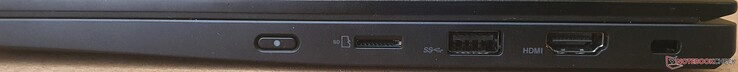 A destra: pulsante di accensione, lettore di schede microSD, USB-A 3.2 Gen1 (alimentato), HDMI 2.0, dispositivo di blocco di sicurezza