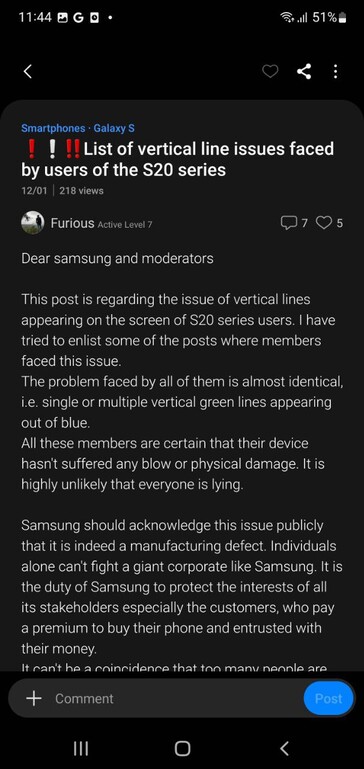 Utenti che si lamentano dei problemi di visualizzazione di Galaxy S20 Plus su Samsung Members (immagine via own)