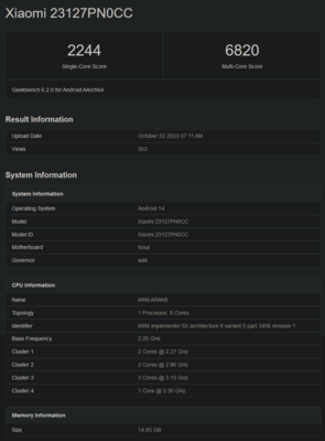 Punteggio Geekbench di Snapdragon 8 Gen 3 (immagine via Geekbench)