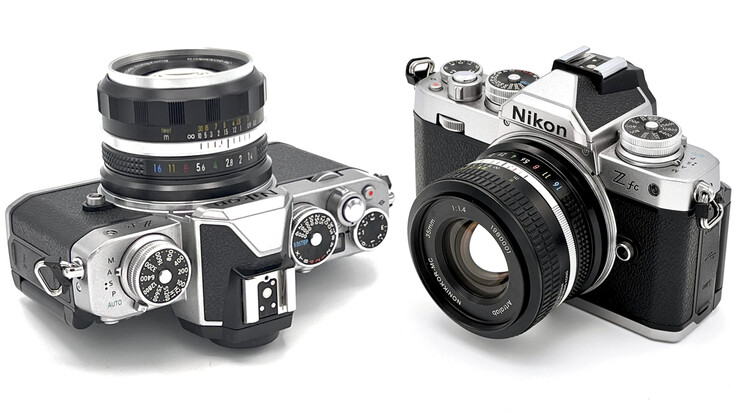 Il NONIKKOR-MC 35 mm F1,4 negli anni '60 (a sinistra) e '80 montato sulla Nikon Z fc. (Fonte: ArtraLab)