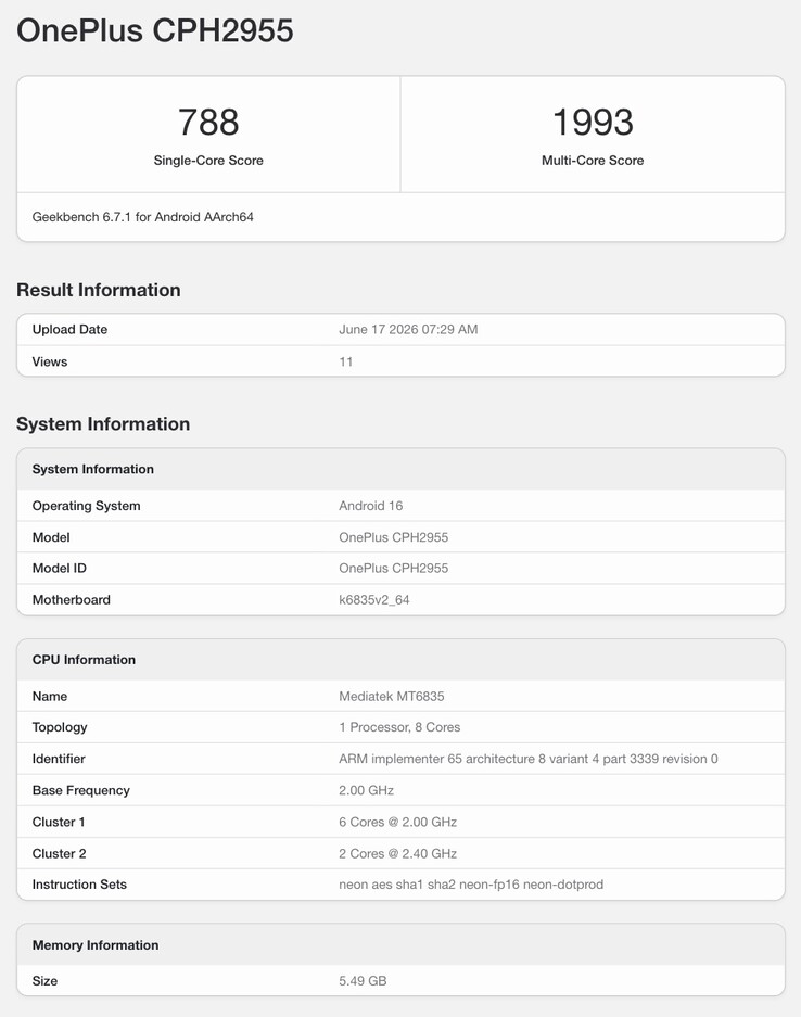 Presunta scheda Geekbench relativa al OnePlus N6.