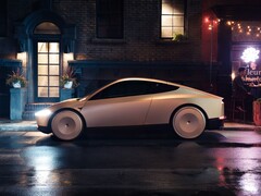 Tesla Cab parcheggiata in una strada cittadina bagnata di notte, caratterizzata da un design elegante e futuristico con ruote coperte. (Fonte: Tesla)