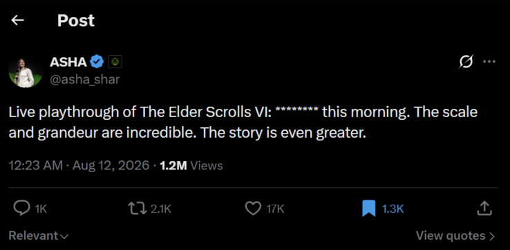 Asha Sharma ha giocato a The Elder Scrolls VI