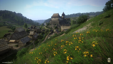 Un'immagine del gioco Kingdom Come: Deliverance che mostra un castello e un villaggio. (Fonte: Steam)