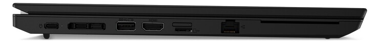 Lato sinistro: 1x USB-C 3.2 Gen 2 (alimentazione), 1x USB-C 3.2 Gen 1, porta docking, USB-A 3.2 Gen 2, HDMI 2.0, slot nano SIM (superiore, opzionale), lettore di schede microSD (inferiore), Gigabit LAN, lettore di smart card (opzionale)