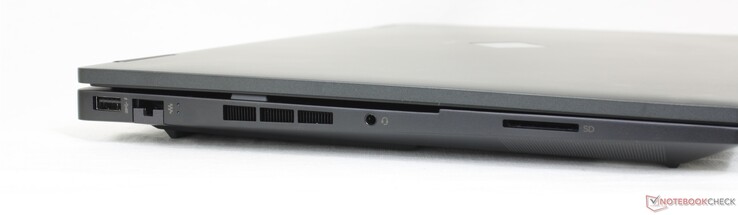 A sinistra: USB-A 5 Gbps, Gigabit RJ-45, cuffie da 3,5 mm, lettore di schede SD