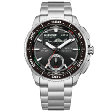 Immagine frontale del prodotto Citizen Promaster Wave Tracker JV3001-53E con bracciale in acciaio inossidabile, lunetta nera e quadrante ibrido analogico-digitale con yacht timer.