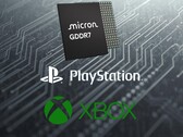 I loghi di PlayStation e Xbox si vedono sotto la DRAM GDDR7 di Micron (Fonte immagine: Micron, Sony PlayStation, Xbox Gaming con modifiche)