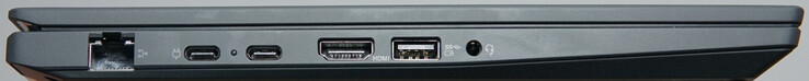 Porte a sinistra: 1-Gigabit-LAN, USB4 (40 Gbit/s, DP), USB-C (10 Gbit/s, DP), HDMI, USB-A (5 Gbit/s), Cuffie