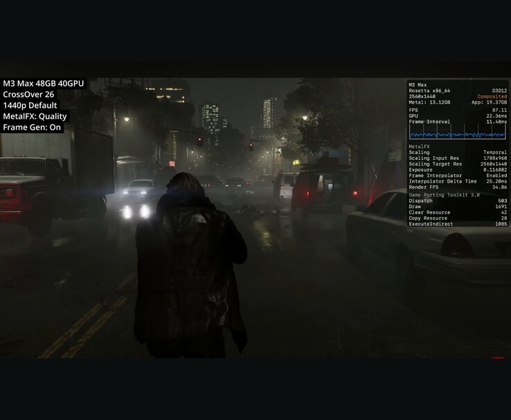 Resident Evil Requiem in esecuzione su M3 Max Mac tramite CrossOver 26 a 1440p con MetalFX Quality e generazione di fotogrammi che mostra circa 87 FPS.