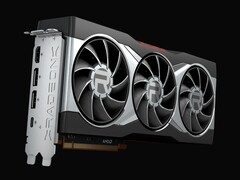 Rendering ravvicinato della scheda grafica AMD Radeon RX 6800 XT, caratterizzata da un design di raffreddamento a tre ventole e da una copertura argentata con il marchio Radeon in evidenza. (Fonte: AMD)