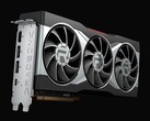 Rendering ravvicinato della scheda grafica AMD Radeon RX 6800 XT, caratterizzata da un design di raffreddamento a tre ventole e da una copertura argentata con il marchio Radeon in evidenza. (Fonte: AMD)