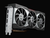 Rendering ravvicinato della scheda grafica AMD Radeon RX 6800 XT, caratterizzata da un design di raffreddamento a tre ventole e da una copertura argentata con il marchio Radeon in evidenza. (Fonte: AMD)
