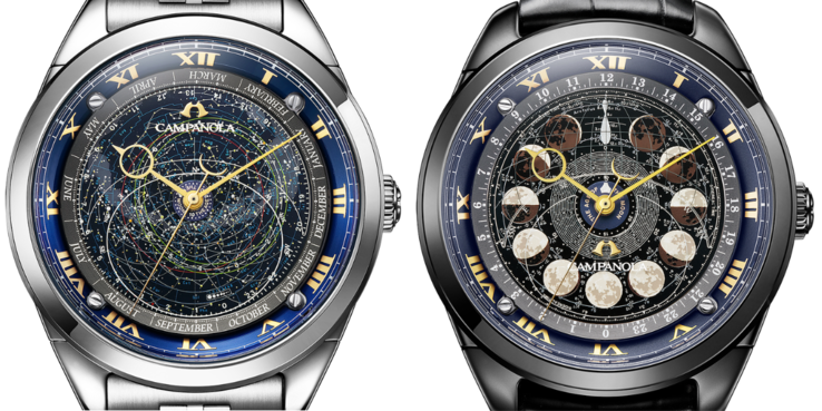 Gli orologi Citizen Campanola Cosmosign Constellation Chart (a sinistra) e Moon Phase (a destra). (Fonte: Citizen)
