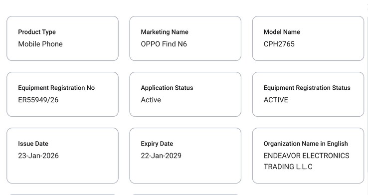 L'Oppo Find N6 appare su TDRA. (Fonte: TDRA)