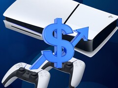 La console PS5 viene mostrata con il segno del dollaro e la freccia verso l&#039;alto (Fonte: Sony PlayStation con modifiche)