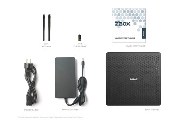 Lo ZBOX QTG7A4500, la sua scatola e i suoi accessori di serie. (Fonte: ZOTAC)
