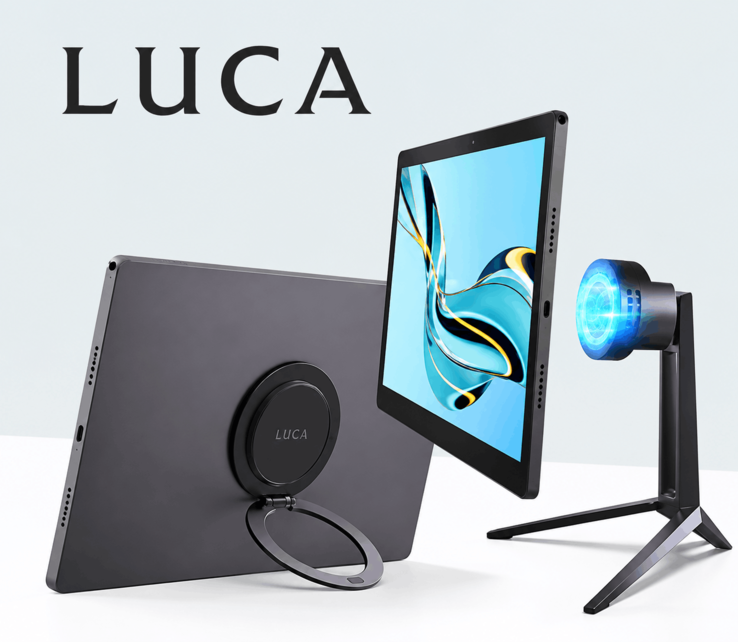 Il tablet Luca è raffigurato con il suo sistema di fissaggio magnetico e il supporto di ricarica wireless