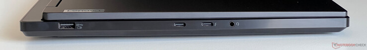 A sinistra: USB-A 3.2 Gen.1 (5 Gbit/s), USB-C 3.2 Gen.2 (10 Gbit/s, DisplayPort modalità ALT 1.4, Power Delivery 3.0), USB-C 4.0 con Thunderbolt 4 (40 GBit/s, DisplayPort modalità Alt 1.4, Power Delivery 3.0), jack audio 3,5 mm