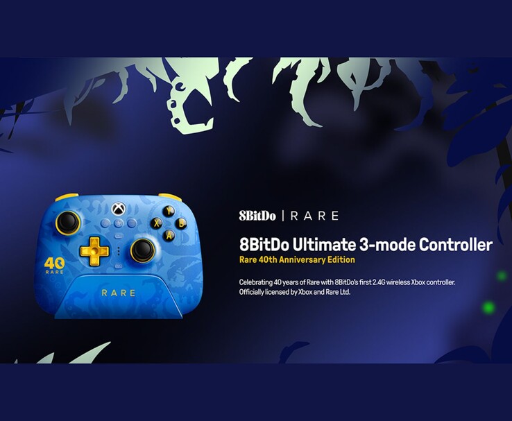 Promo ufficiale di 8BitDo Ultimate 3-mode Controller Rareth 40th Anniversary Edition, che mostra il design e il marchio del controller. (Fonte immagine: Poster promozionale ufficiale di 8BitDo)