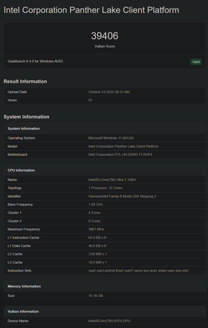 Intel Core Ultra 5 328H Geekbench (fonte: Geekbench)