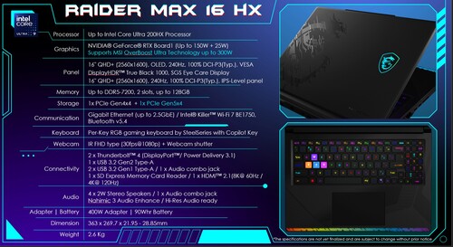 Vengono mostrate le specifiche di MSI Raider 16 Max HX (Fonte: MSI PR)