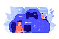 Illustrazione di gioco in cloud con più utenti collegati tramite un&#039;infrastruttura centrale (Fonte immagine: vectorjuice via Freepik)