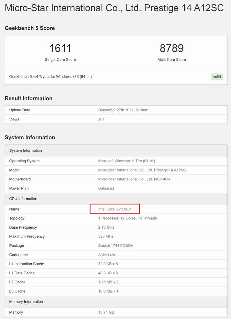 Intel Core i5-1250P. (Fonte: Geekbench)