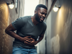 Un uomo nero che si stringe l'addome (Fonte: Immagine generata dall'AI)