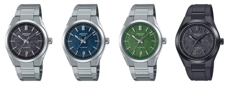 Da sinistra a destra: gli orologi Casio EFK-100CD-1A, EFK-100D-2A, EFK-100D-3A e EFK-100XPB-1A. (Fonte immagine: Casio, a cura)