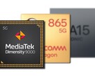 L'ARM Mali-G710 MP10 nella Dimensity 9000 ha battuto le GPU nella SD865 e Apple A15. (Fonte immagine: MediaTek/Qualcomm/Apple - modificato)