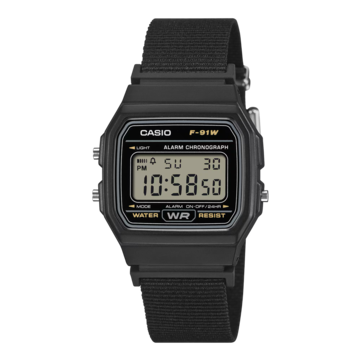 Orologio digitale Casio F-91WF-1A con cassa nera e cinturino in tessuto intrecciato nero.