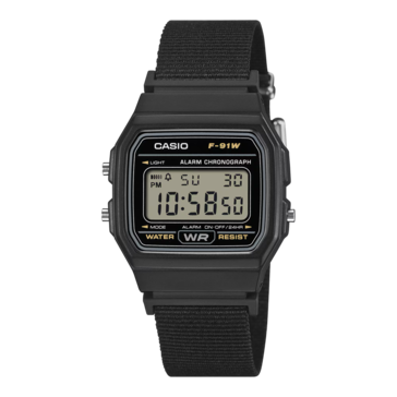 Casio F-91WF-1A con cinturino in tessuto nero.