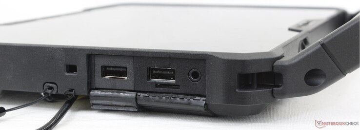 A destra: Penna stilo passiva, Noble lock, 2x USB-A 3.2 Gen. 1, lettore MicroSD, cuffie da 3,5 mm