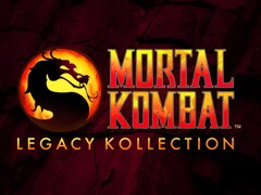 Il logo di Mortal Kombat: Il logo della Legacy Kollection presenta l'iconico emblema del drago con testo rosso e giallo sfumato su uno sfondo scuro crepato (Fonte immagine: Warner Bros. Games / NetherRealm Studios)