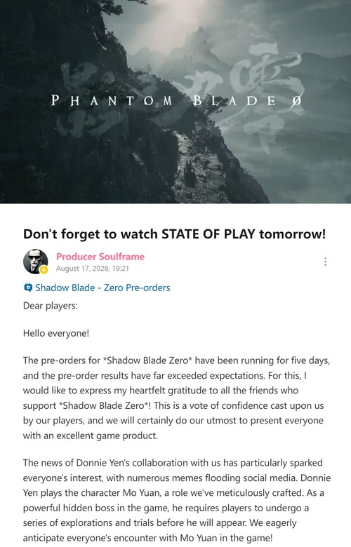 Liang Qiwei di S-Game fornisce aggiornamenti sui preordini di Phantom Blade Zero