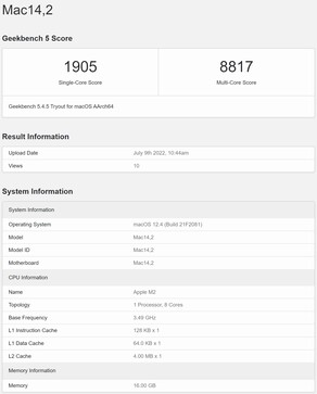 Rappresentazione del MacBook Air M2. (Fonte: Geekbench)