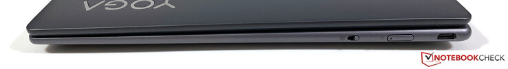 A destra: interruttore per l'otturatore della webcam, pulsante di accensione, USB-C 3.2 Gen.2 (10 Gbit/s, DisplayPort 1.4, Power Delivery 3.0)
