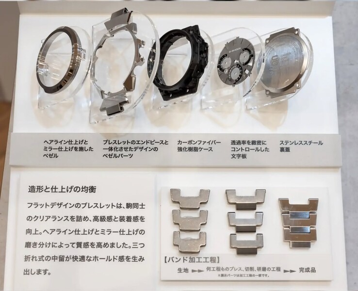 Orologio Casio G-Shock serie GST-W1000 raffigurato smontato, che mostra la lunetta in acciaio inossidabile, il bracciale, la cassa in fibra di carbonio, il quadrante e il fondello in acciaio inossidabile.