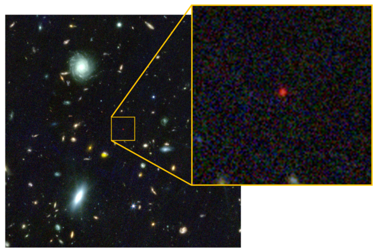 La «stella del buco nero» appare come un minuscolo puntino rosso in questa immagine del telescopio spaziale James Webb.