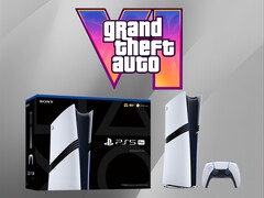 La console PS5 Pro mostrata sotto il logo di GTA 6 (Fonte: Sony PlayStation, Rockstar Games con modifiche)