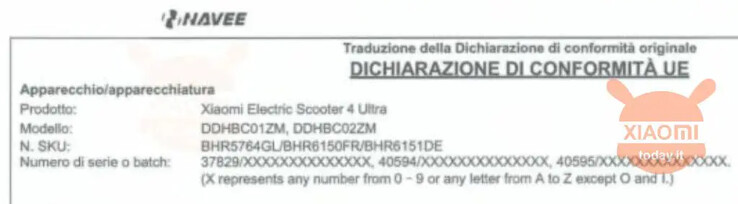 Una dichiarazione di conformità per lo scooter elettrico Xiaomi 4 Ultra in Italia. (Fonte: XiaomiToday.it)