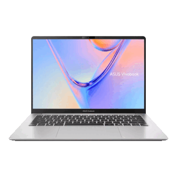 Asus Vivobook S14 visto di fronte con lo schermo aperto