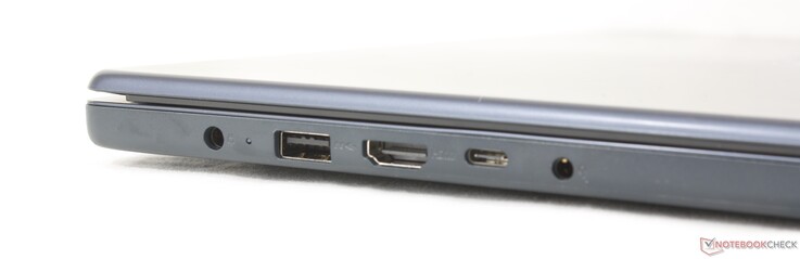A sinistra: alimentatore CA, USB-A (5 Gbps), HDMI 1.4, USB-C (5 Gbps) con Power Delivery 3.0 + DisplayPort 1.2, jack da 3,5 mm per cuffie