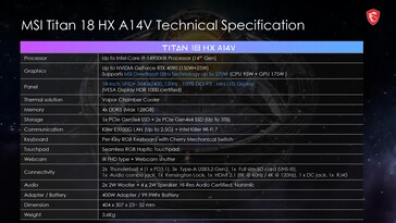 MSI Titan 18 HX - Specifiche. (Fonte immagine: MSI)