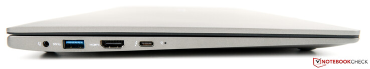Lato sinistro: alimentazione, una porta USB 2.0, uscita HDMI, una porta USB 3.1 Gen1 Type-C (DisplayPort su USB-C)