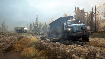 Un'immagine che mostra tre veicoli in MudRunner. (Fonte: Steam)