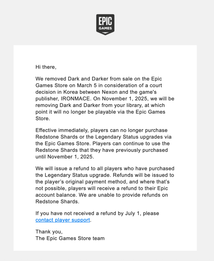 (Fonte: Epic Games Store via e-mail)
