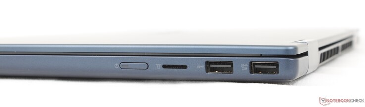 A destra: Pulsante di accensione, lettore MicroSD, 2x USB-A (5 Gbps)