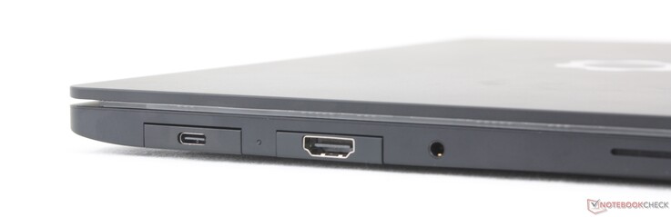 A sinistra: 2 porte USB-C Thunderbolt 4 con DisplayPort 2.1 + Power Delivery da 140 W, jack da 3,5 mm per cuffie